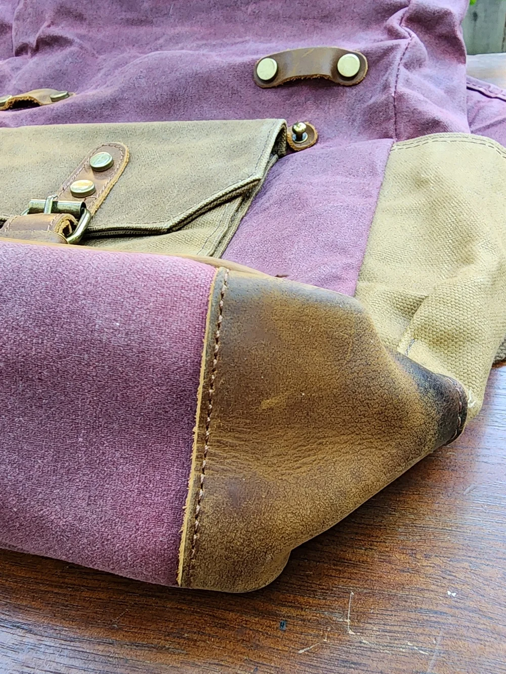 Vintage Waxed Canvas & Leather Roll Top Backpack Rucksack Purple Khaki